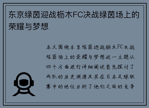 东京绿茵迎战枥木FC决战绿茵场上的荣耀与梦想